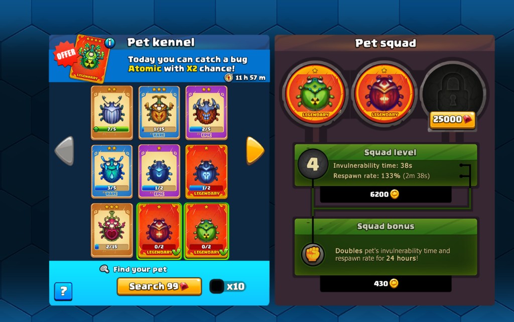 Pet kennel showing the boosted pet with X2 chance